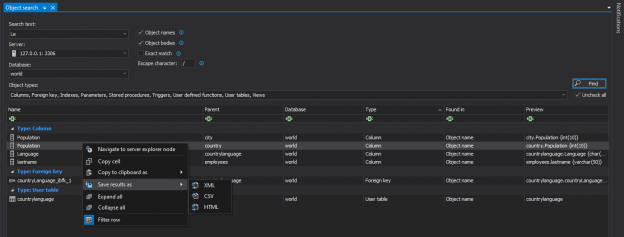 Export options for MySQL search result